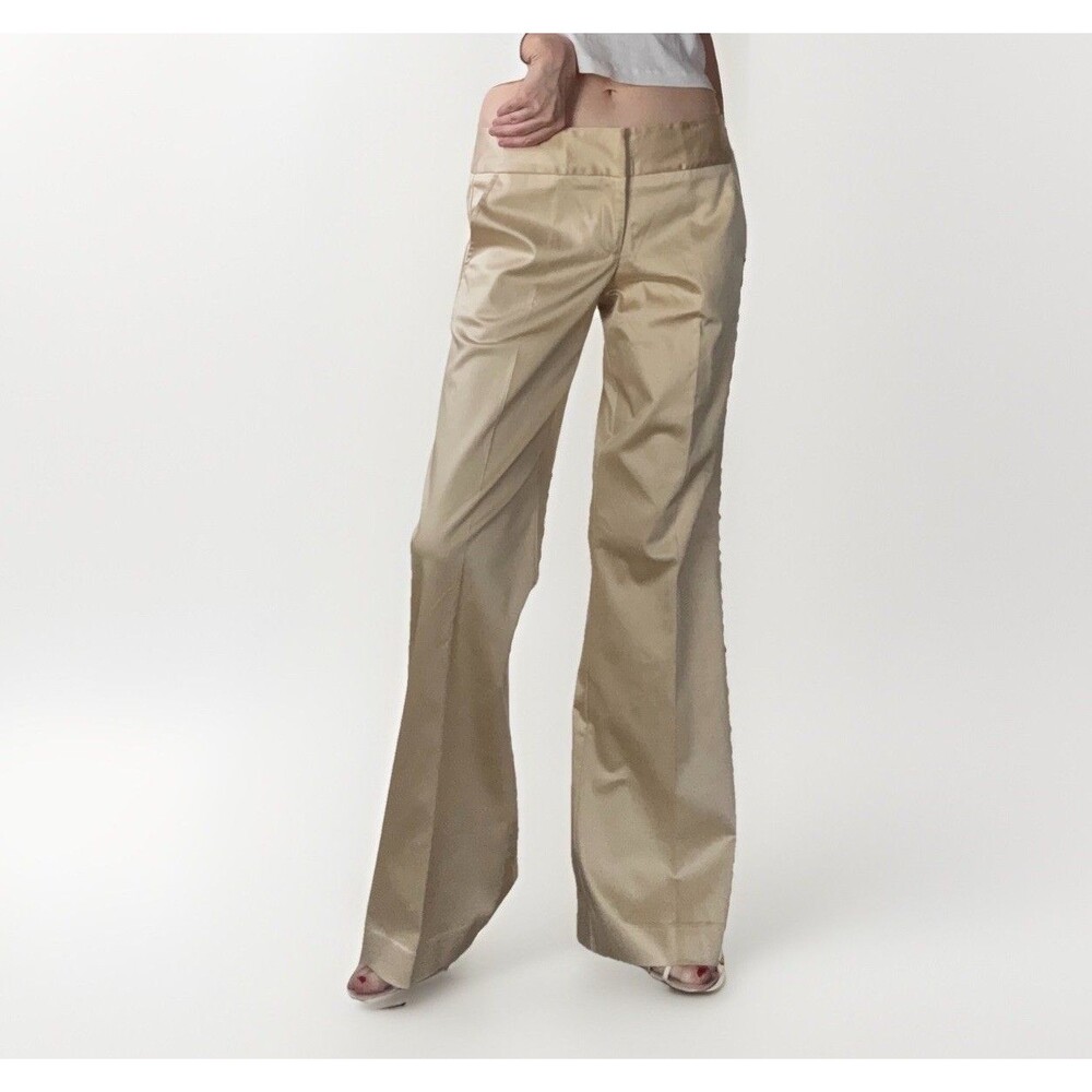 Liquid Y2K Low Rise Wide Leg Trousers Khaki Satin Sheen Flare Pants Size 8